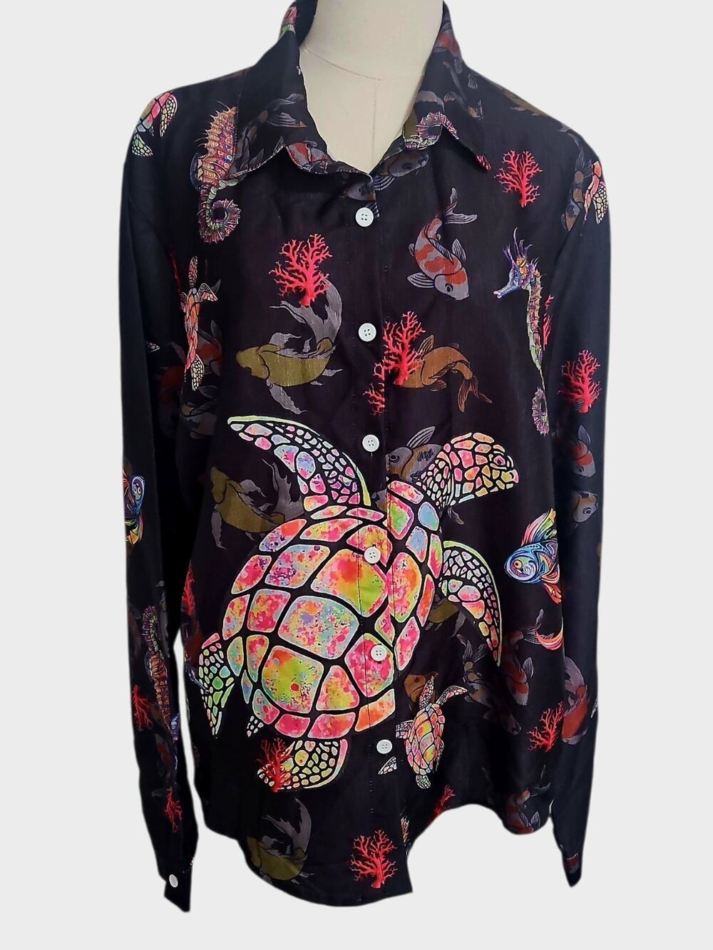 Black Ocean Tropical Button Up Top Blouse Size XXL